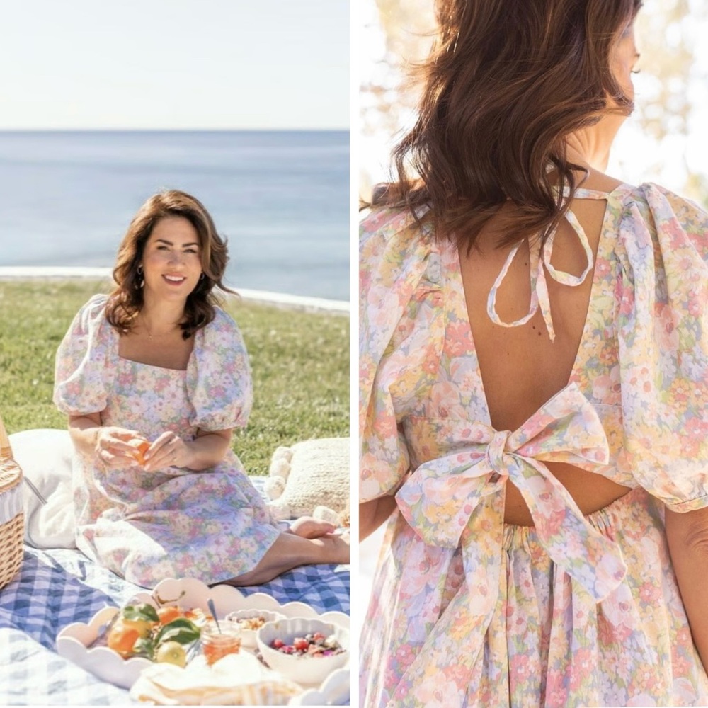 Pastel Floral Open-Back High-Low Dress with Puff Sleeves